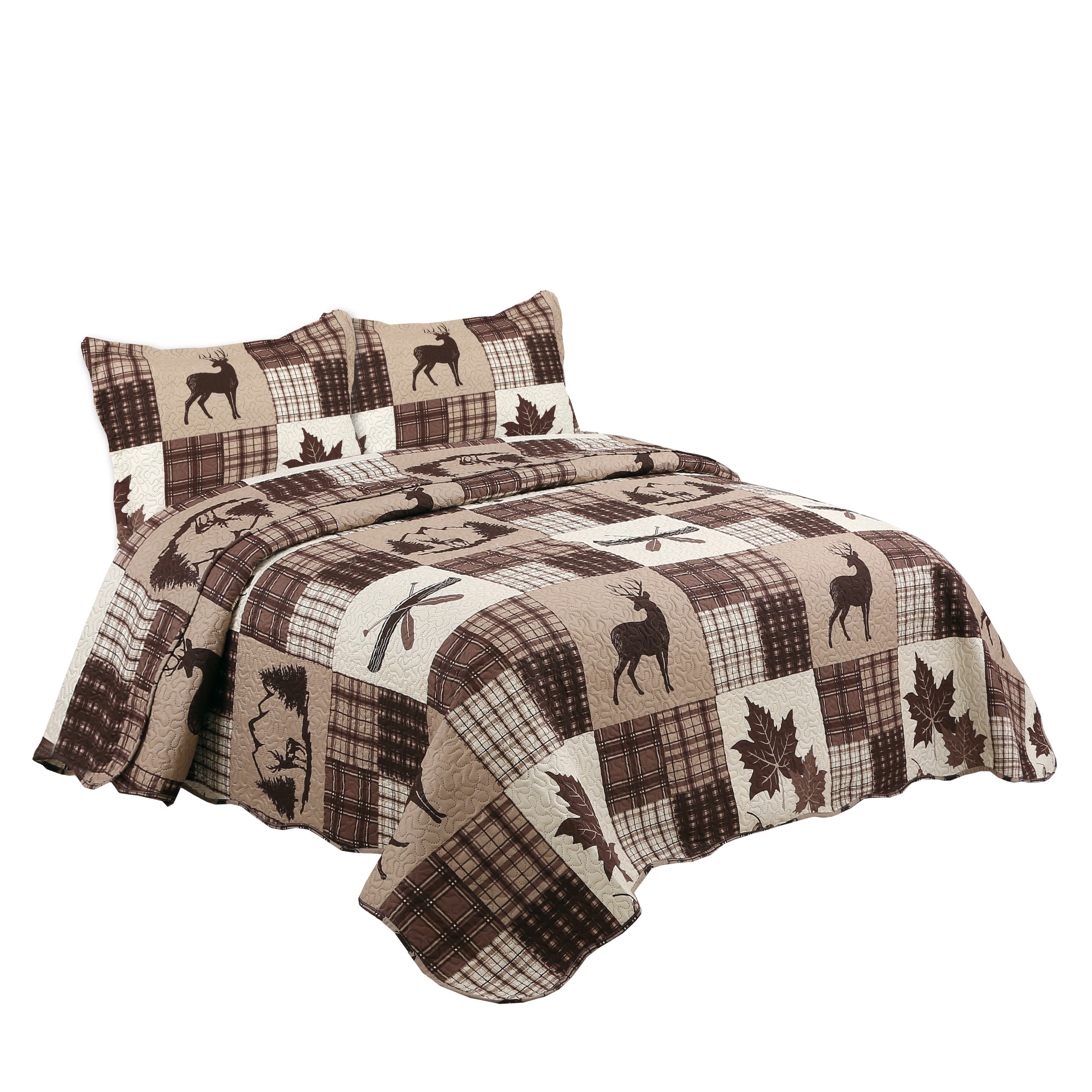 Marina Decoration Couvre-lit Pinsonic imprimé en relief, ensemble de couette d'été ultra doux avec taies d'oreiller, motif à carreaux de cerf en érable brun