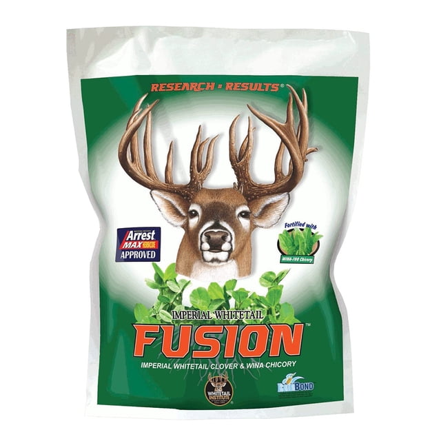 Whitetail Institute Imperial Fusion Perennial Deer Food Plot Seed, 9.25 Pounds, featuring a green and white bag with a prominent deer illustration and text highlighting its clover and chicory blend. The packaging includes Rainbond coating and is designed for cold, heat, and drought-resistant planting, covering up to 1.5 acres.