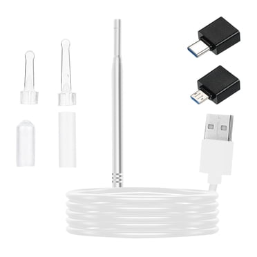 Graflsoa Lunette d'Oreille Intelligente 3-en-1 avec Lumière LED, Compatible USB/Type-C pour Android/PC, Objectif 5,5 mm pour l'Inspection des Oreilles, du Nez et de la Peau, Options Argent/noir, Angle de Vision de 70°, Câble de 1 m, Lentille Étanche