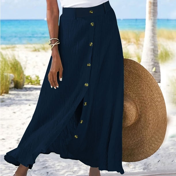 Daiosportswear Womens Button Front Flowy Maxi Skirt A Line Cotton