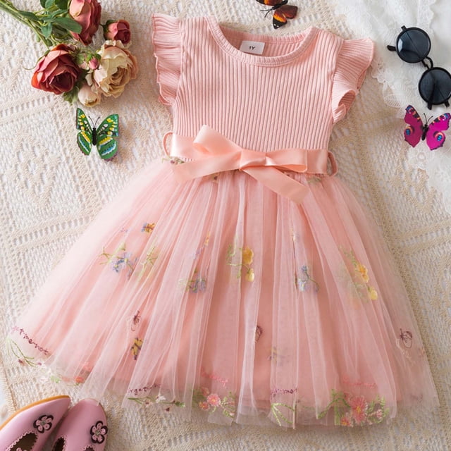 Robes d'Été pour Filles à Manches à Volants Tutu pour Tout-Petites Robe Fille Robe en Tulle pour Filles 2-3 Ans