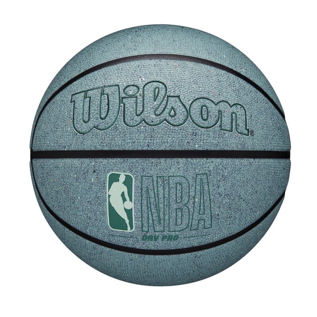 NBA Drv Pro Eco Basketball by Wilson, front-facing view showing a textured outdoor basketball with a recycled blue-grey cover, black NBA pro seams, and Wilson branding, designed for outdoor durability, grip, and air retention, also suitable for casual street basketball.