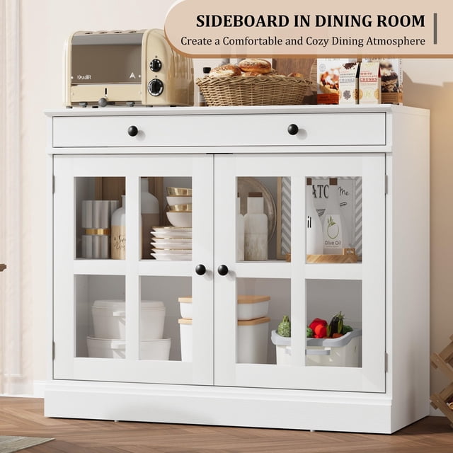 GloryStar Sideboard Buffet Cabinets with Glass Door with Drawer, 35.4" Modern Buffets Sideboards for Dining Room, Kitchen