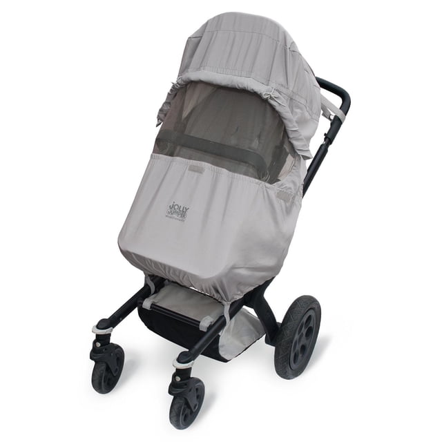Jolly Jumper Weathersafe Stroller Cover in light grey on a black stroller frame, with elasticized slip-over design and adjustable hook and loop straps, featuring a mesh front flap for visibility and ventilation, offering 4-season waterproof shield and 98% UVA/UVB protection from wind, rain, snow, and sun.