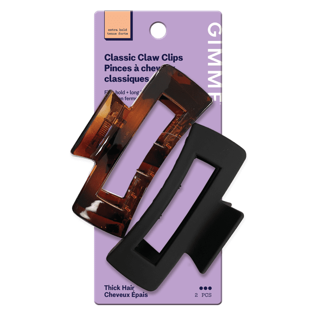 Gimme Beauty Rectangle Claw Clip For Thick Hair, Black Tortoise, 2 Count showing two rectangular hair claw clips on a lavender card. One clip is matte black, the other is glossy tortoise shell. Both clips have a durable high-tension spring for firm hold and gentle grip, designed for thick hair and secure styling.