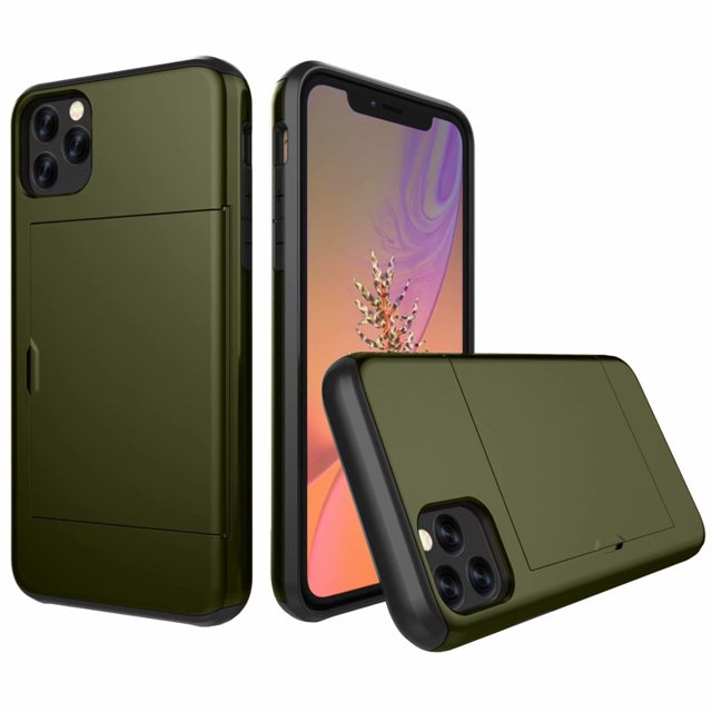 iPhone11 ProMax Case Hybrid Rugged Hard Back Cover with ID Credit Card Slot Holder Wallet Case for Apple iPhone11 ProMax - Army Green