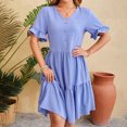 thumbnail image 2 of Besolor Womens Summer Dress V Neck Short Sleeve Button Knee Length Dress Loose Flowy Ruffle Boho Sundresses, 2 of 7
