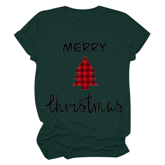 Haut de Sapin de Noël Femme Décontracté Col Rond Manches Courtes T-shirt Imprimé Sapin de Noël Haut