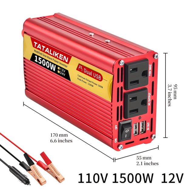 CHUANK Car Vehicle Power Inverter 1500W DC 12V ToAC 110V 120V Converter 2 USB