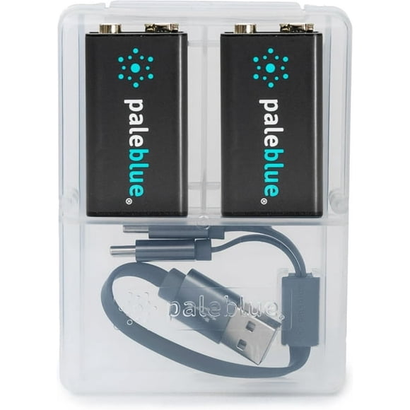 Piles Intelligentes Rechargeables 9V avec Chargeur USB par Pale Blue, Lithium-Ion 9 Volts 500mAh, Recharge Rapide en 60 Minutes, avec un Indicateur de Charge à DEL - Lot de 4