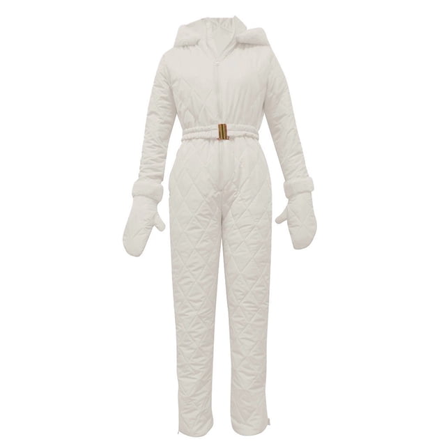 Pisexur Combinaison de Ski une Pièce pour Femme en Blanc, avec design Matelassé, Taille Ceinturée, Manches Longues et Capuche. Cette Combinaison de Neige Imperméable et Coupe-Vent Est Conçue pour les Activités Extérieures Hivernales comme le Ski et le Planche à Neige, Offrant Chaleur et Respirabilité. la Combinaison Comprend des Poignets Ajustables et un devant à Fermeture à Glissière pour une Fonctionnalité Accrue.