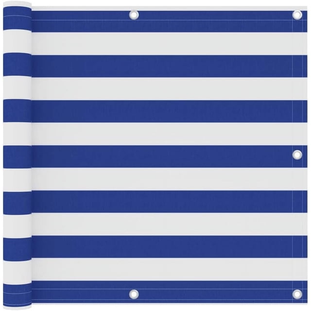 Écran de Balcon Écran d'Intimité Écran de Protection Coupe-Vent de Jardin à Rayures Blanches et Bleues, Mesurant 90x600 cm. Cet Écran d'Intimité Extérieur Est Fait de Tissu Oxford Enduit de PU, le Rendant Imperméable et Coupe-Vent. Comprend des Oeillets en Aluminium et une Corde pour une Fixation Facile aux Balcons.