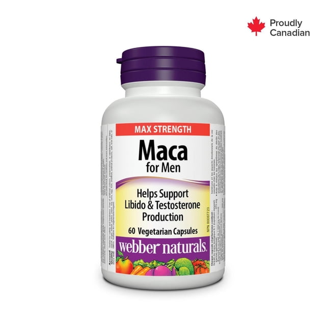 Webber Naturals® Maca pour Hommes Bouteille avec Bouchon Violet Contenant 60 capsules Végétariennes pour Soutenir la libido et la production de Testostérone, avec Formule à Force Maximale et illustrations de Légumes sur l'Étiquette, Fièrement Canadien.