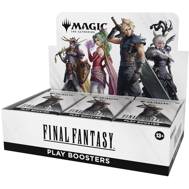 MTG FINAL FANTASY PLAY BOOSTER BOX containing 30 packs of Magic: The Gathering trading cards inspired by the FINAL FANTASY saga. Each pack includes 15 cards, such as rares, uncommons, commons, and foil cards. The display box features vibrant FINAL FANTASY character artwork and branding, perfect for drafting events or expanding collections.