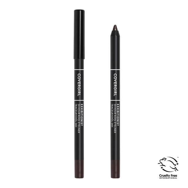COVERGIRL Exhibitionist 24 HR Kohl Eyeliner with one capped and one uncapped pencil showing a dark brown creamy gel tip, black barrel with white text and cruelty-free logo, providing waterproof, smudge-proof, long-lasting eye definition ideal for precise makeup application.