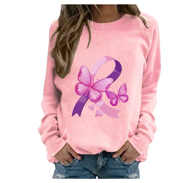 Rbaofujie Chandails pour Filles Femmes Mode Décontractée Imprimé Col Rond Ample Manches Longues T-shirt Hauts Blouse Chandails à Capuchon Roses pour Femmes Tendance