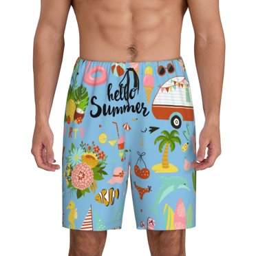 Vsdgher Bonjour Été Imprimé Shorts de Pyjama pour Hommes Bas de Détente Shorts de Sommeil Taille Élastique Shorts de Pyjama Légers avec Poches-X-Grand