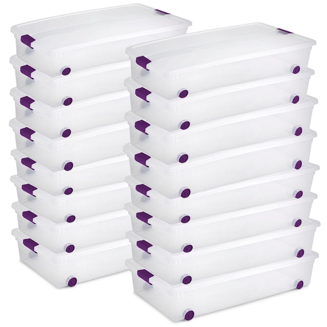 Sterilite Bac de Rangement sous le Lit à Roulettes avec Couvercle ClearView de 60 Qt, Lot de 16, Rangée Orientée vers l'Avant de Seize Bacs sous le Lit Transparents de 60 Pintes en Plastique avec Couvercles à Loquet Violets et Roues Profil Bas; Couvercles Indexés Offrant un Empilage Sécuritaire, dimensions 34.62 x 18.75 x 7 Po (88 x 47.6 x 17.8 cm) Chacun, Idéal pour les Vêtements Saisonniers et Souvent Utilisé pour Organiser les Fournitures