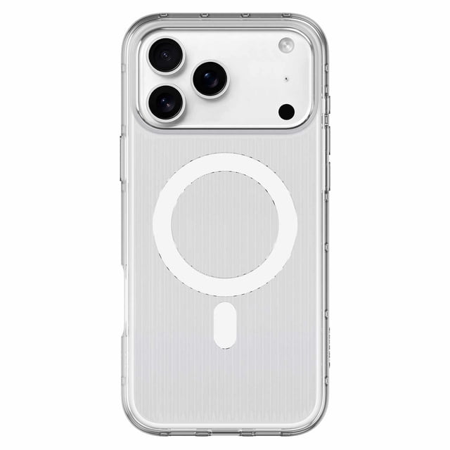 Nimbus9 Alto 2 Étui MagSafe Clair pour iPhone 17 Pro Max Montré à l'Arrière avec un design transparent à Nervures Verticales et Anneau de Charge MagSafe Blanc. l'Étui Mince, FLEXONITE Offre une protection contre les Chutes de 16 Pieds, une protection Améliorée des Bords de l'Appareil Photo Autour de l'Appareil Photo à Triple Objectif, Système de Montage Intégré, Boutons Réactifs et Prise Antidérapante, compatible avec la Recharge Sans Fil MagSafe.