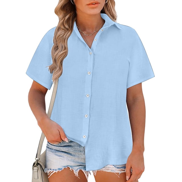 asjyhkr Plus Size Button down T Shirts for Women Linen Lightweight Comfy Soft Tees Summer Beach Tops Solid Color