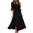 thumbnail image 2 of Robe Maxi avec Manches Mode Femme Demi-Manche Col en V Ample Robe Unie à la Cheville Robe Longue Fendue Robe à Manches Courtes en Liquidation, 2 of 7
