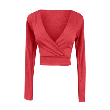 FAIWAD Women Long Sleeve Crop Top V Neck Crisscross Wrap Tops Ladies Solid Color Slim Tops
