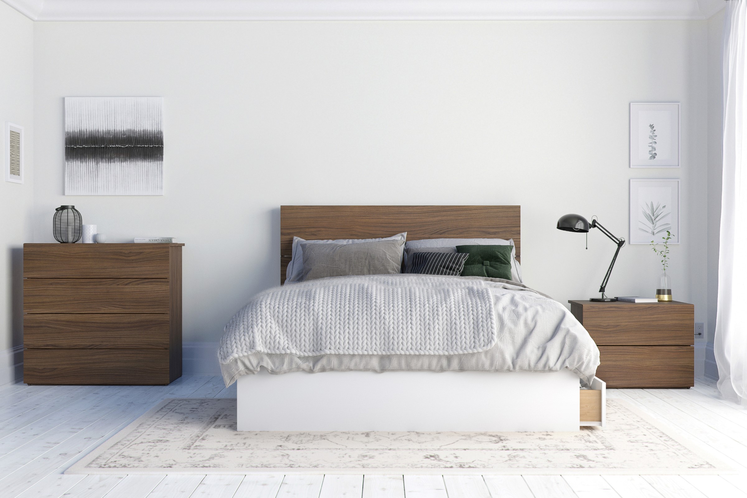Merlin 4 Piece Full Size Bedroom Set Walnut and White