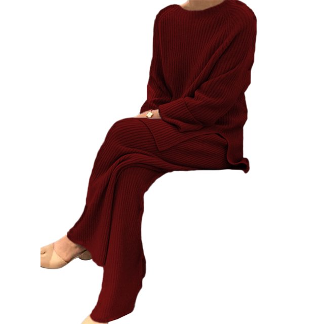 Innerwin Two Piece Outfits Wide Leg Ladies Lounge Set Holiday Long Sleeve Loose Sweater Sets Claret XL