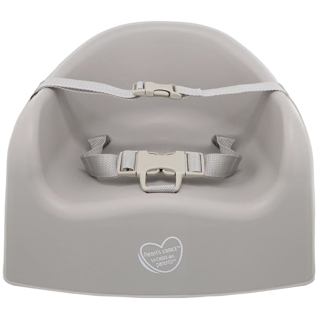 Parent’s Choice Baby Booster Seat with 3-Point Harness in grey, a lightweight toddler feeding seat with smooth plastic surface and adjustable 3-point harness, designed to securely attach to adult chairs for children aged 1½ to 4 years, supporting up to 50 lbs.