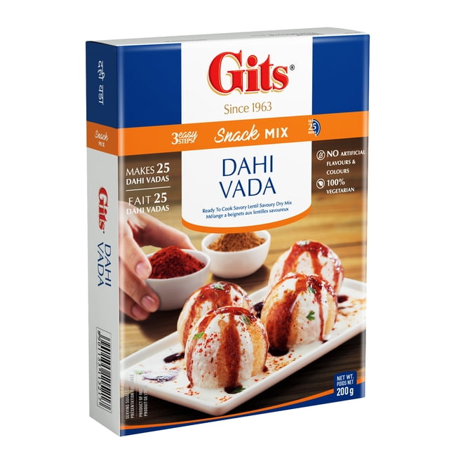 Gits Dahi Vada Mix, Boîte de 200 g Montrant l'Emballage avant avec logo de Marque et Nom de Produit, Présentant Quatre vadas de Lentilles Salées Nappées de Tamarin et de chutneys Verts sur une Assiette Blanche, à Côté de Petits Bols de Poudre de Piment Rouge et d'Épice Brune, Mettant en Valeur le Mélange Prêt à Cuire Qui Fait 25 vadas en 3 Étapes Faciles, 100 % Végétarien Sans Arômes Ni Colorants Artificiels.