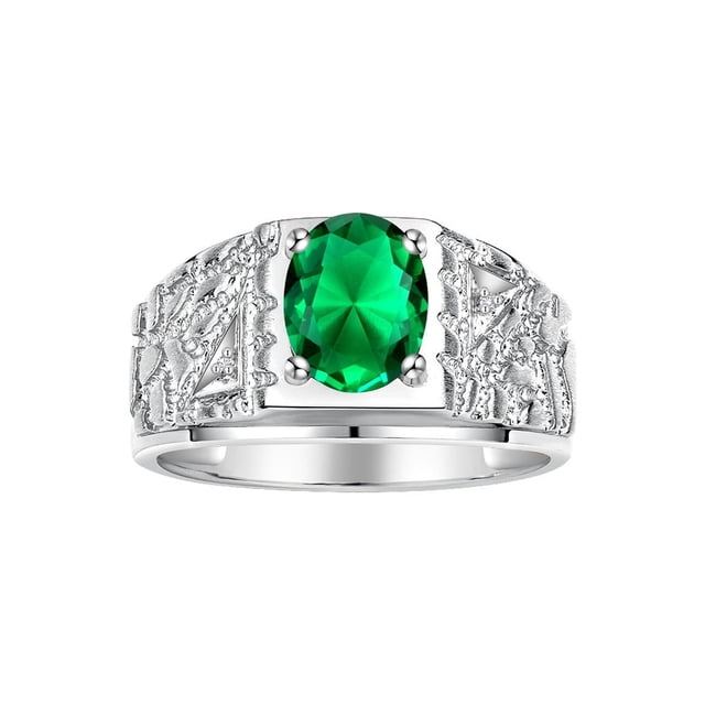 RYLOS Men's Rings Sterling Silver Designer Nugget Ring Oval 9X7MM Gemstone & Diamonds Emerald May Birthstone Rings For Man Size 11