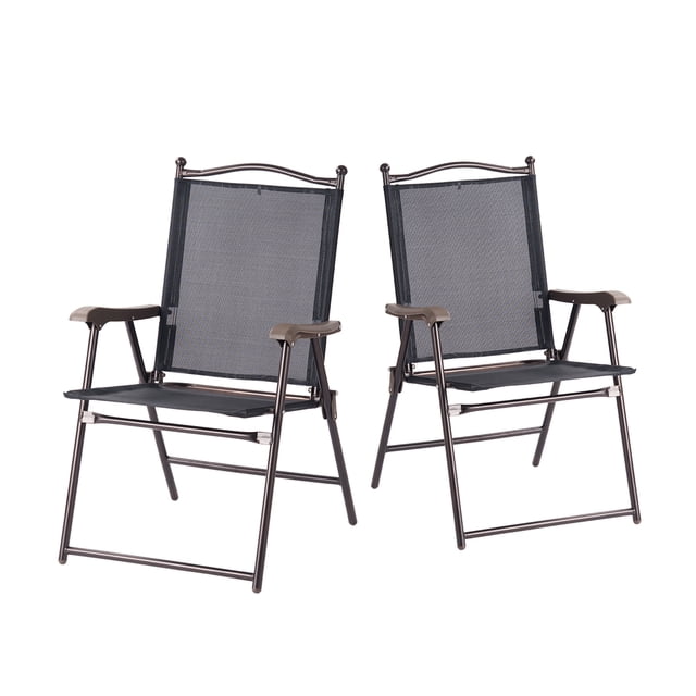 Patiojoy 2-Piece Folding Outdoor Patio Chair Sling Back Camping Chair with Armrest & Pillow Black. Two foldable outdoor chairs with black breathable sling fabric and rust-proof steel frames, designed for ergonomic comfort with armrests and pillows. Ideal for patios, gardens, balconies, or camping trips.