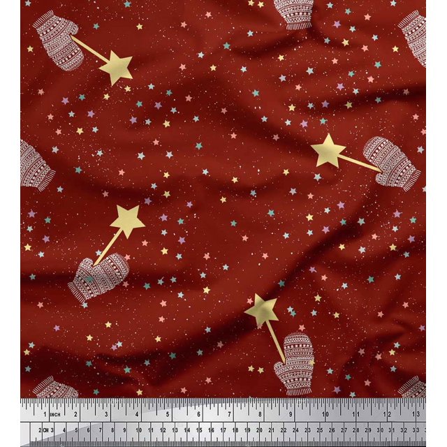 Soimoi Red Poly Georgette Fabric Musical Symbol & Star Print Sewing Fabric Yard 42 Inch Wide
