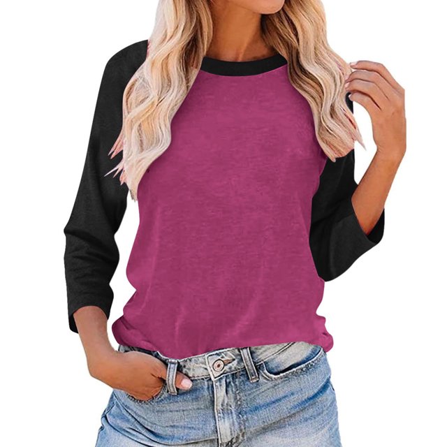 Plebaso Chemises à Manches 3/4 pour Femmes Col Rond Tops à Blocs de Couleur Décontractés Amples Blouses pour Femmes