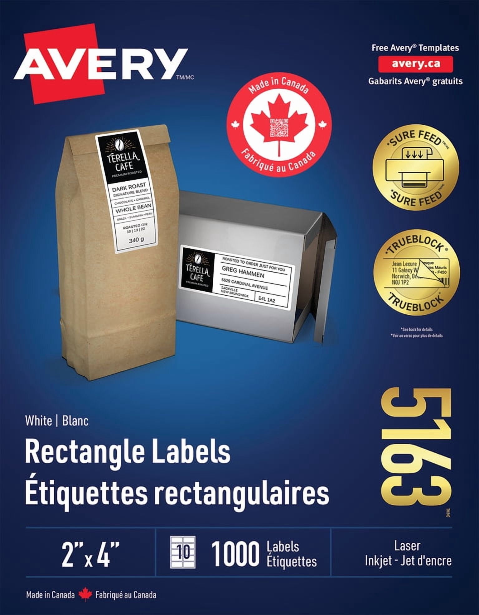 Avery Étiquettes rectangulaires blanches avec technologie Sure Feed, TrueBlock, 2 po x 4 po, pour imprimantes laser et à jet d'encre - 5163