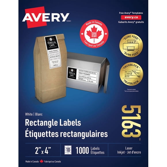 Avery White Rectangle Labels with Sure Feed Technology, TrueBlock, 2" x 4", for Laser and Inkjet Printers - 5163