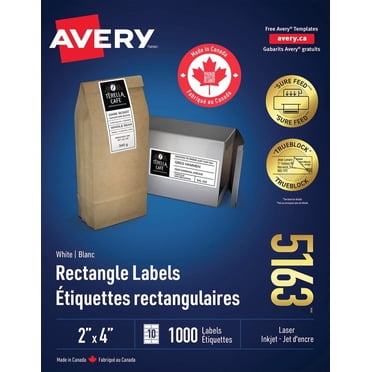 Avery White Rectangle Labels with Sure Feed Technology, TrueBlock, 2" x 4", for Laser and Inkjet Printers - 5163