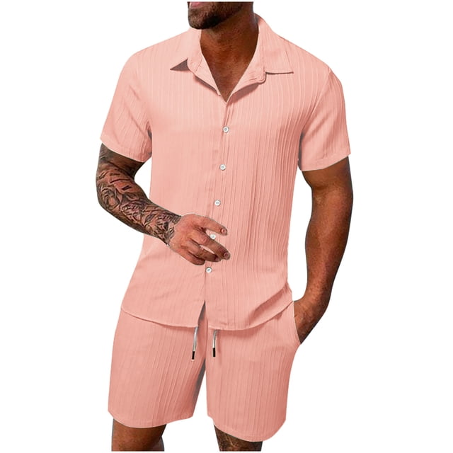 TIMIFIS Pinks Men's Cotton Linen Sets Short Sleeve Pleats Suits 2 Piece Button Shirt and Shorts Beach OutfitsFall