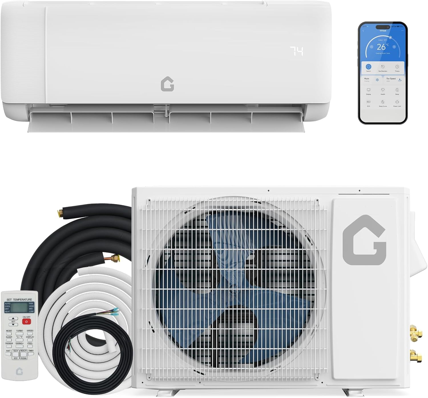 18,000 BTU Mini Split Air Conditioner with Heat Pump, 21 SEER2 Ductless Inverter AC, WiFi Enabled, 230V with Installation Kit & Remote