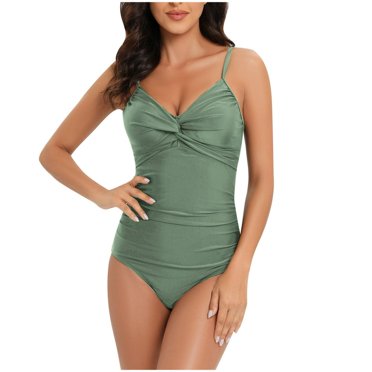 One Piece Swimsuits for Women Shirred Tummy Control Monokini Swimwear Front Twist Bathing Suit