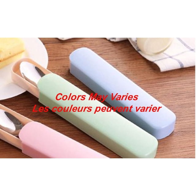 Sunwealth Spoon & Chopsticks travel cutlery set with stainless steel spoon and chopsticks featuring plastic handles in pastel pink, green, and blue cases on a wooden table, dishwasher safe and hygienic for on-the-go dining, also suitable for compact utensil storage.