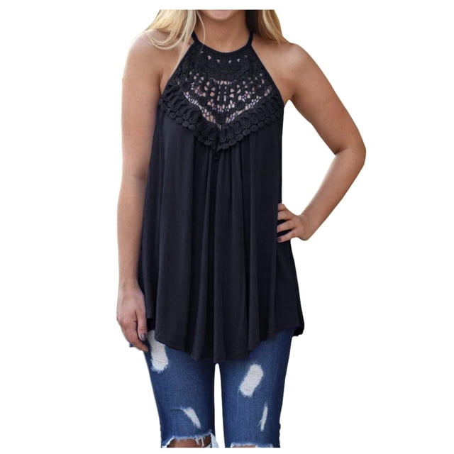Pompotops Débardeur d'Été pour Femme à Col Licou à Bretelles Spaghetti en Dentelle Ajourée Fluide Camisole Chemises Blouse Plissée T-Shirt Sans Manches Gilet