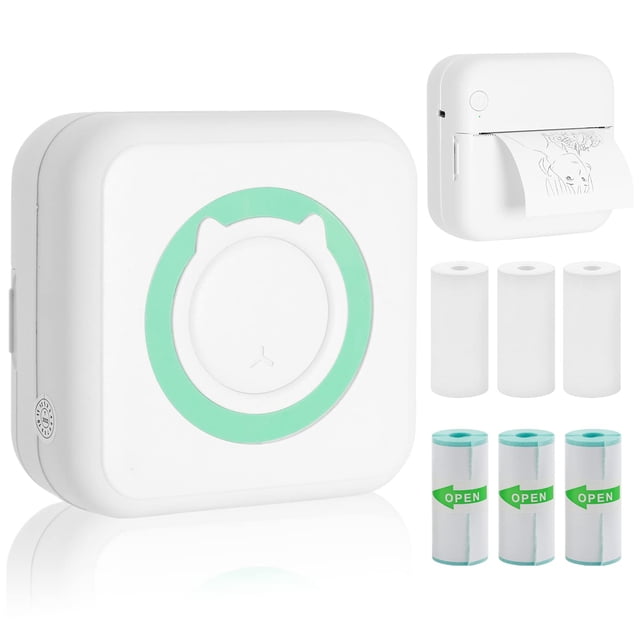 Mini Imprimante Thermique, Imprimante Portable Sans Fil Bluetooth Sans Encre avec 5 Rouleaux d'Autocollants et 5 Rouleaux de Papier Thermique, Compatible avec Android/iOS, Imprimante de Poche pour Mémo, Bricolage, Photo et Plus (Bleu)