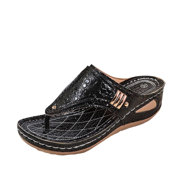 Orthopedic Sandals for Women Wedge Flip Flops Metal Decor Irregular Embossing Beach Summer Slide Sandals Black