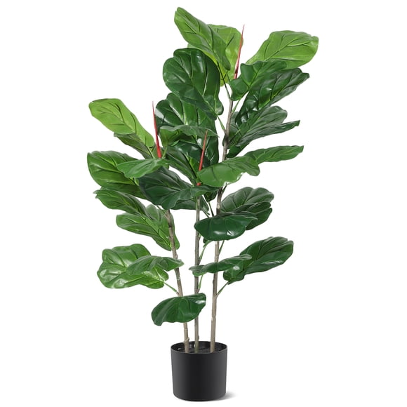 GOGRANT Artificial Fiddle Leaf Fig Tree 39 inch Tall Faux Floor Plant, 3-Trunk Plastic + Wire with Realistic Leaves & Wood Trunk for Indoor Home Office Decor, Black Planter
