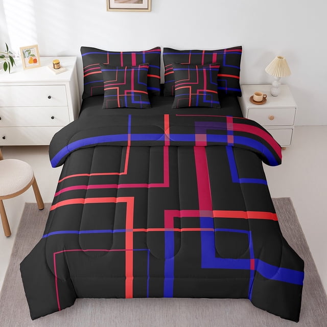 Ensemble de Literie Carré Abstrait Taille Simple 7 Pcs Noir et Bleu Marine Rouge Ensemble de Couette Rectangle Minimalisme Ensembles de Couette Moderne Géométrique Lit en Sac pour Garçons Filles Accessoires de Literie Esthétiques