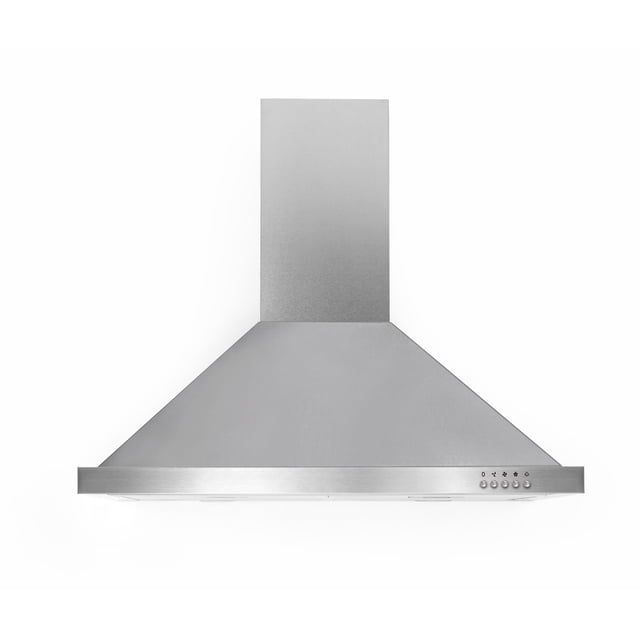 Ancona Pyramid with Rim Stainless Steel 450 CFM Wall Mount Range Hood, 30-Inch. Constructed from durable 430 stainless steel with a pyramid design and rim detail, this wall-mounted range hood offers efficient kitchen ventilation. Features 3-speed mechanical controls, 5-layer aluminum mesh filters, and two inset incandescent lights. Suitable for ceilings up to 9 feet, with optional chimney extension for 10 feet. Includes a standard 6-inch round motor outlet, compatible with Ancona recirculation kit.