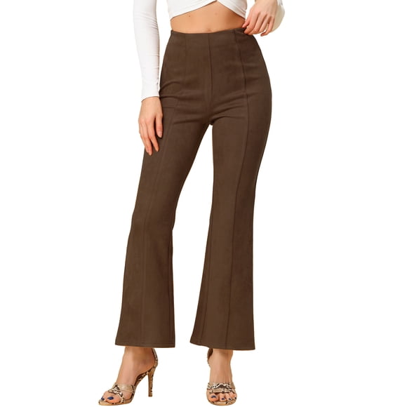 Unique Bargains Women's Flared High Waist Knitted Faux Suede Pants, Dark Brown, XL