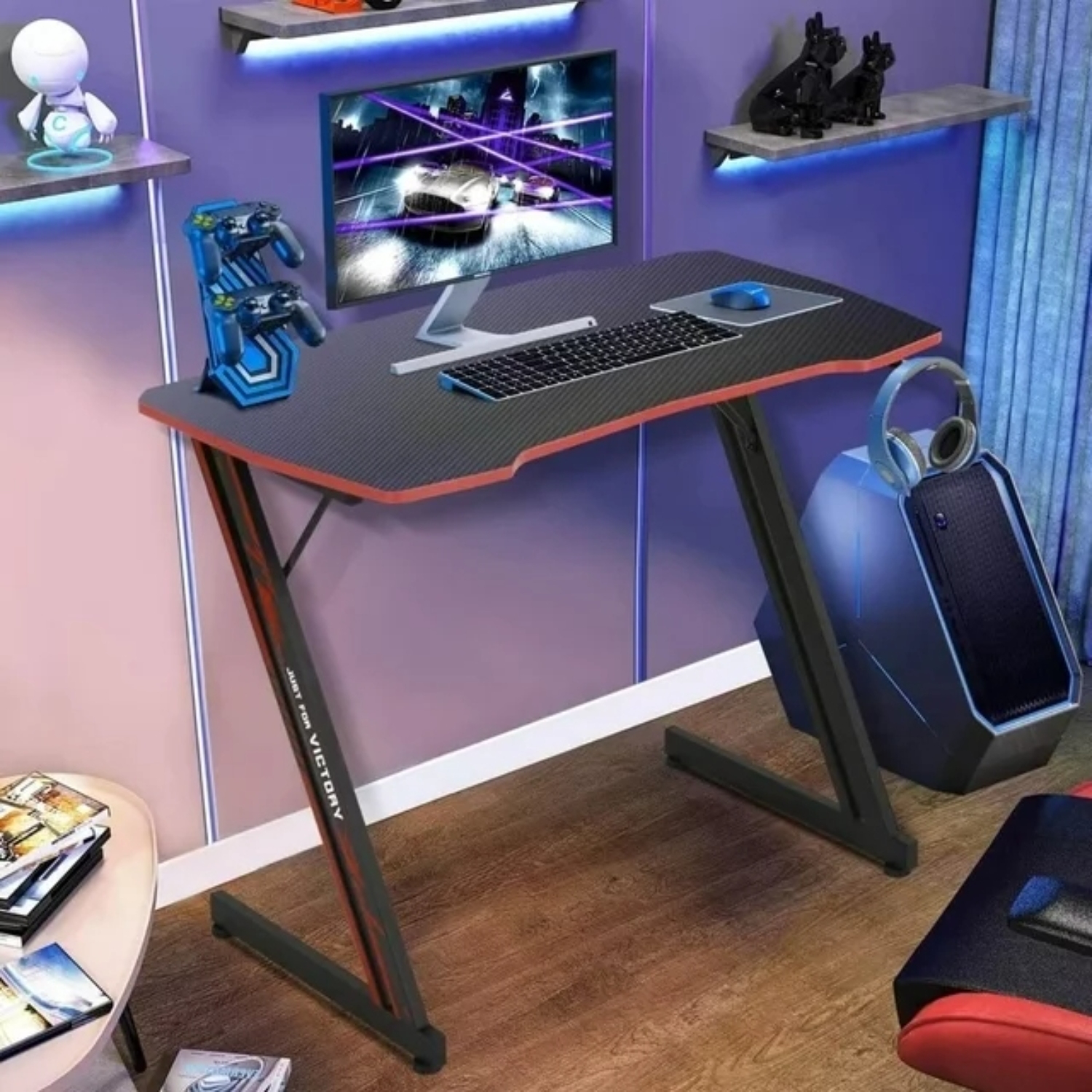 NiamVelo Gaming Desk 39.4 inch Z-Shaped Computer Desk PC Computer Table Home Office Desk Ergonomic Gamer Workstation with Headphone Hook, Red