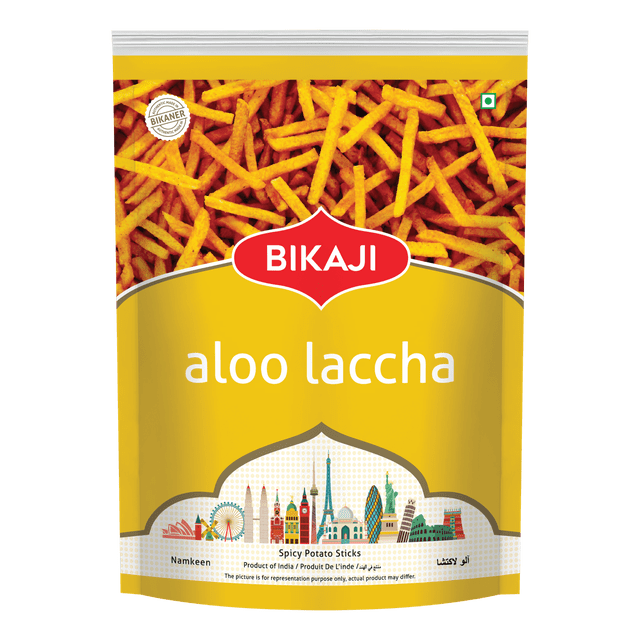 Bikaji Aloo Laccha 140g spicy potato sticks Namkeen snack pack with yellow and red packaging featuring thin, crispy, seasoned potato sticks, a traditional Indian savory snack ideal for tea-time or sharing.
